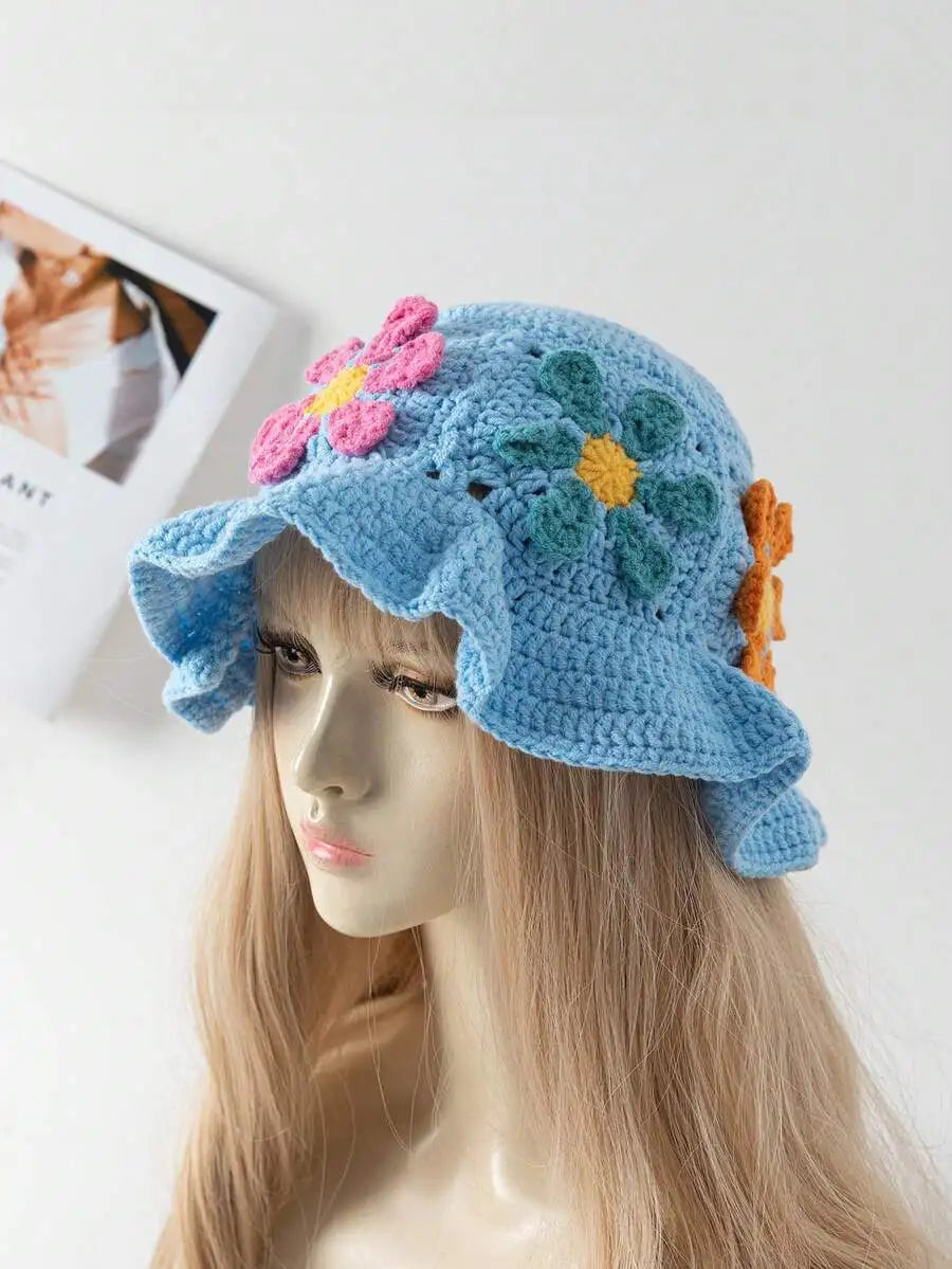 Women's Fashionable Y2K Handmade Crochet 3D Sunflower Bucket Hat