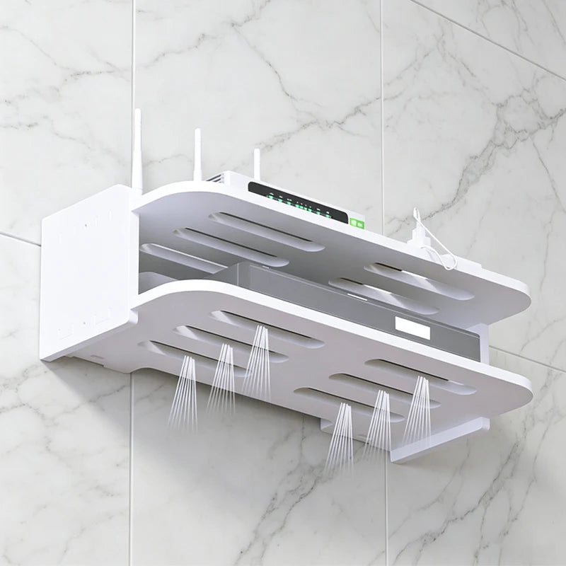 2 Tier Wall Mount Shelf No Drill Router TV Box Power Strips Floating Organizer Home Hanging Storage Cable Management with Hooks