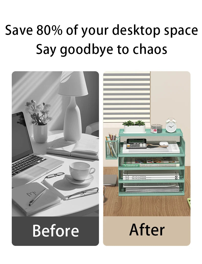 4-Tier Green Stackable Letter Tray Office Desk Organizer File Trays, Desktop Holder for Paper Letter Accessories with Pen Holder