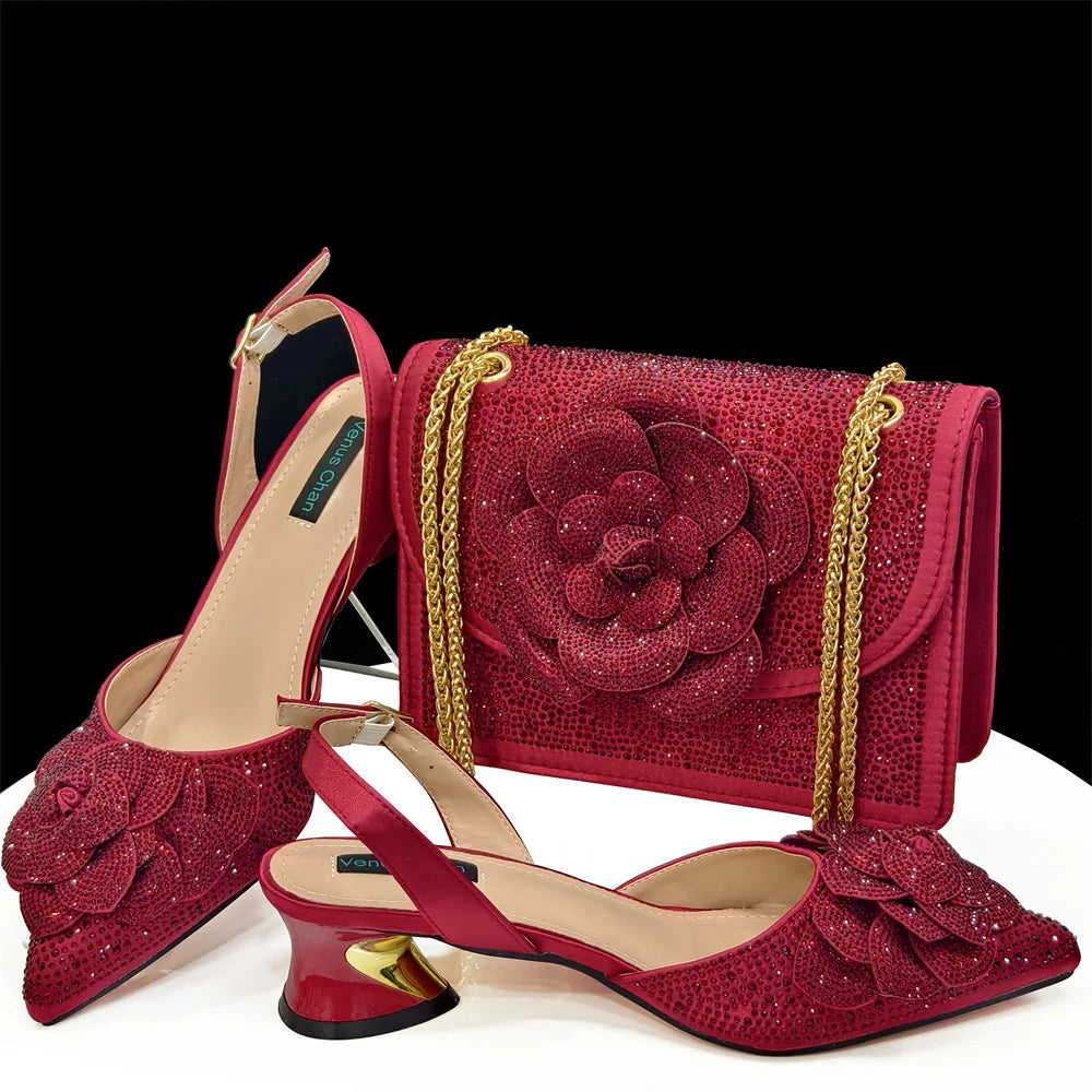 Doershow African Wedding Shoes and Bag Set WINE Color