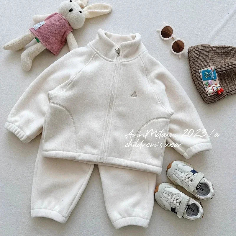 Children's Polar Fleece Suit Zipper Tracksuit Set for Boy Girl Baby Clothes Fall Winter Insulated Sweatshirt Pants Sportwear