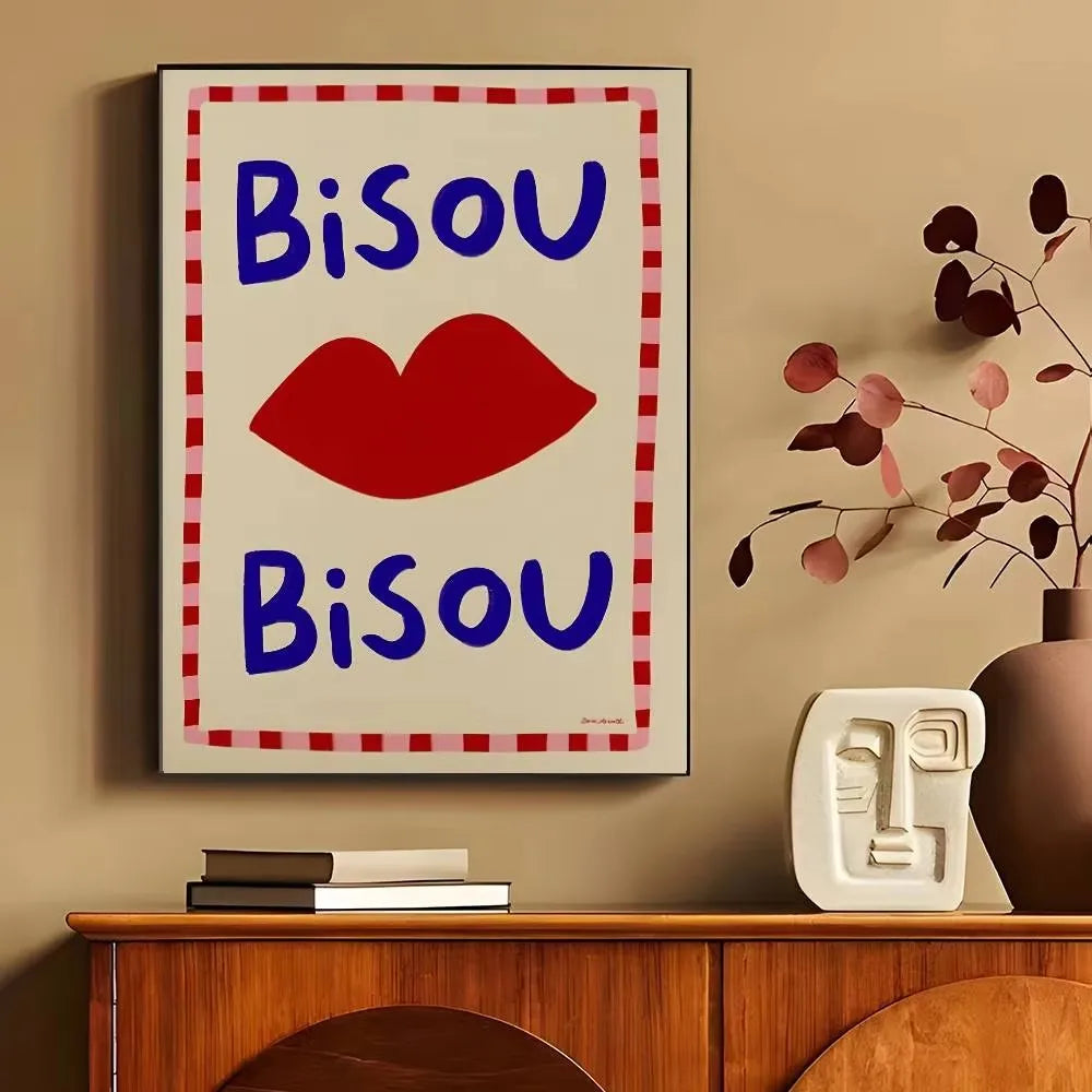Bisou & More Amore Pink French Canvas Print Good Morning Good Night Kiss Wall Art Poster for Modern Living Room Home Decor Gifts