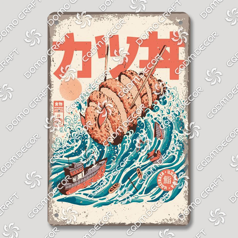 Cartoon Cat Japanese Food Plaque Tin Sign Retro Ramen Sushi Takoyaki Poster Metal Plates Bar Pub Restaurant Kitchen Wall Decor