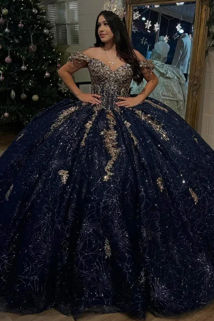 FURSTENBERG Ball Gown Dresses Navy Blue Crystals Embroidery Dress Royal Train Wedding Party Gowns Vestido De 15 Customized