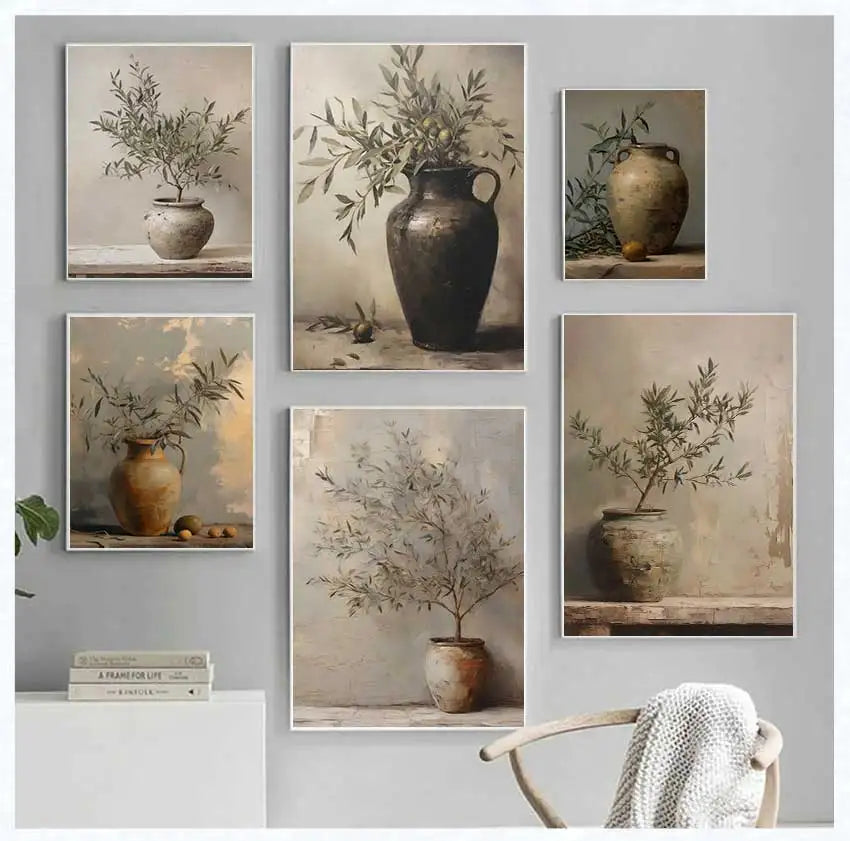 Vintage Minimalist Wall Art Italy Olive Tree in Vase Canvas Painting Poster Prints Still Life Botanical Antique Home Room Decor