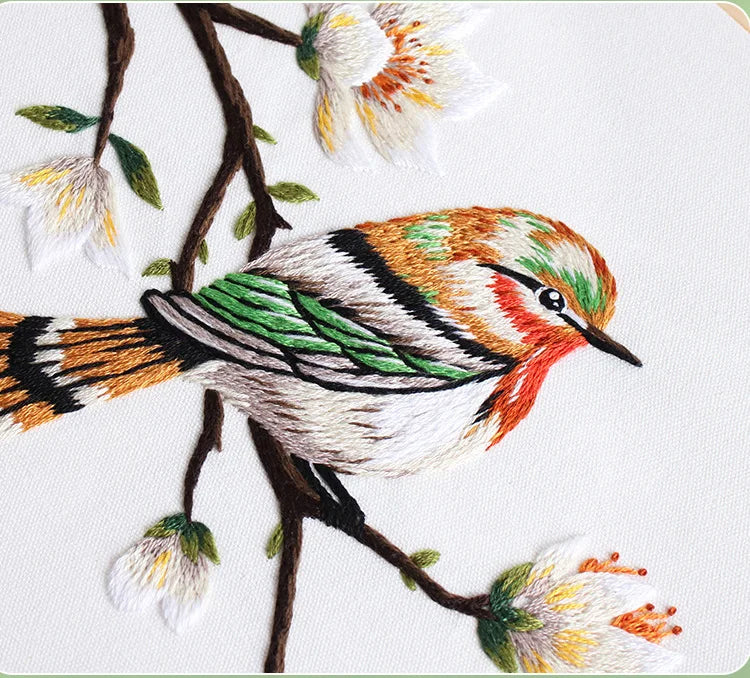 Bird Flower Chinese Wind Embroidery Kit with Instruction Needle Cloth with Pattern for DIY Craft Kit Home Decor