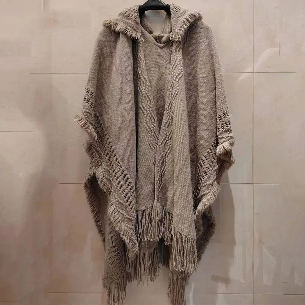 Luxury Elegant Cloak Hooded Knitted Shawl Bohemian Winter Warm Ladies Tassel Cape Oblique Stripe Wraps Scarf Coat