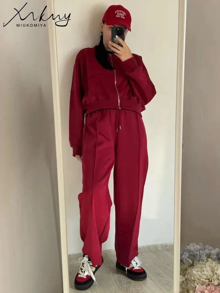 Gray Straight Pants Two Pieces Sets Women Outfit Long Sweatpants Street Wear Zipper Jacket Track Suits Sweatshirt Sets For Women