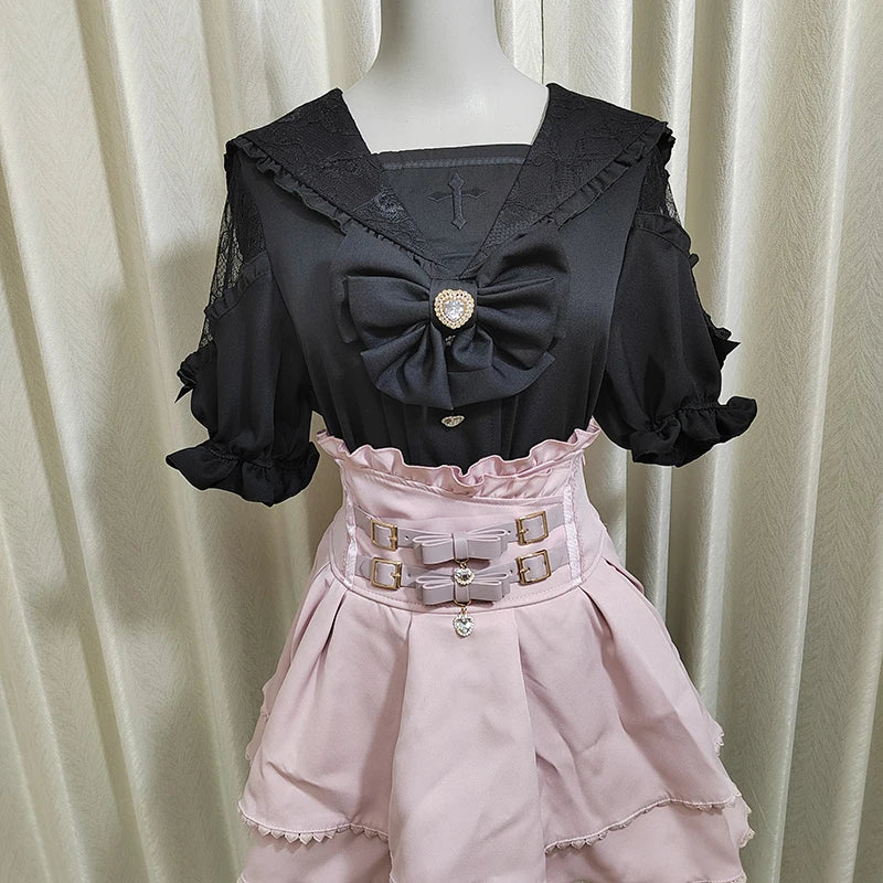 Kawaii Women Shirts Jirai Kei Lolita Y2K Cute Japanese Style Blouse Elegant Short Sleeve Sweet Tops Casual Aesthetic Shirt 2025