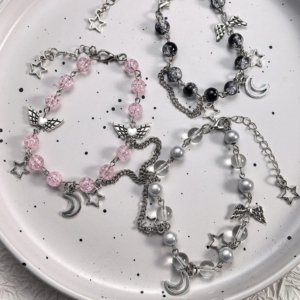 Y2K Sweet and Cool Girl's Ice Crackle Bead Heart-Shaped Wings Star