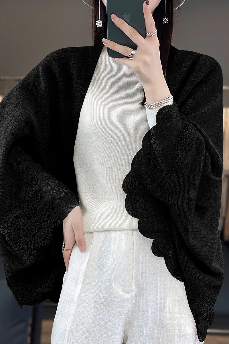 Popular Lace Edge 100% Wool Knitted Shawl Spring Autumn Thin Women's Soft, Skin friendly, Breathable, and Fashionable Cardigan