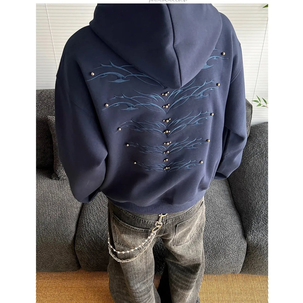 American Retro Spine Embroidered Metal Rivet Pullover Hooded Sweatshirt Men Women High Street Hip-Hop Loose Casual Streetwear