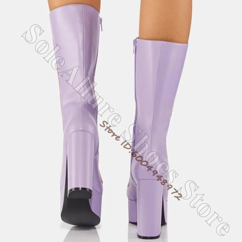 Hot Pink Bow Wavy Cutout Platform Knee High Boots Lilac Pastel