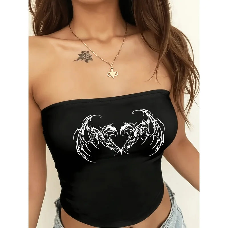 Dark-Style Heart-Wing Print Design Women's Tube Top Y2K