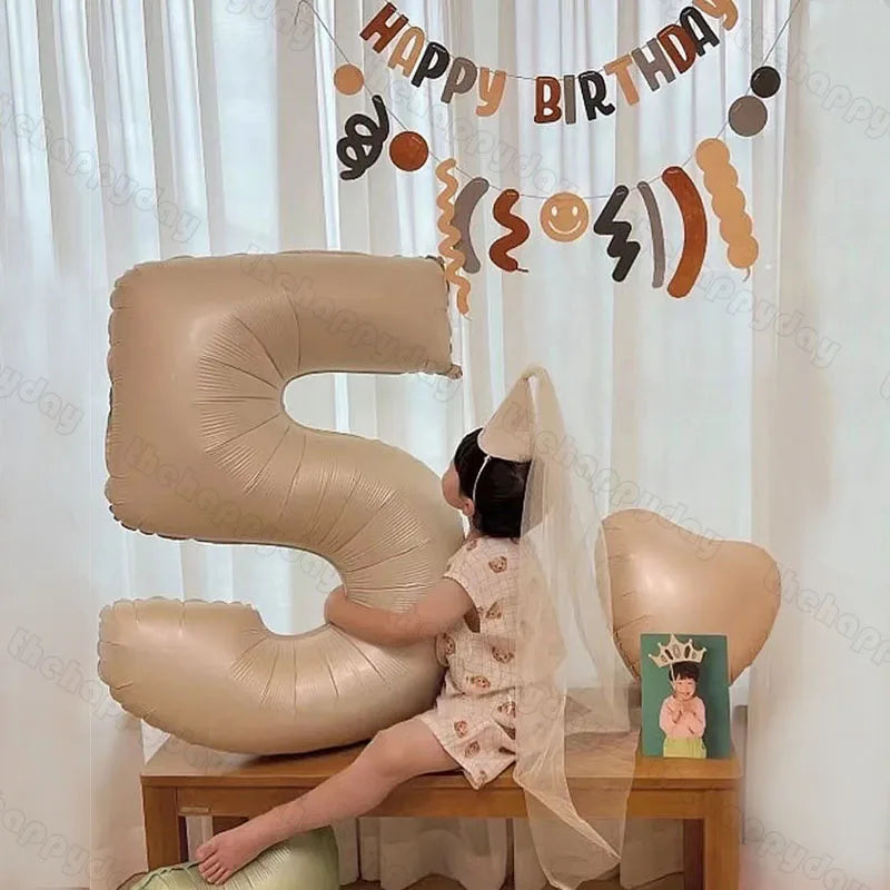 10/5/1Pc Brown Beige Cream 18inch Heart Balloons Cream Number Balloons 1 2 3 4 5 6 Birthday Number Foil Balloon Helium Air Globo