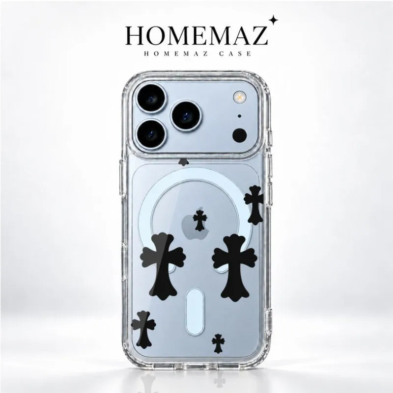 Clear Magnetic Case for iPhone with Gothic Cross Print, Slim Shockproof Soft Cover, Raised Camera Guard, Wireless Charging Support