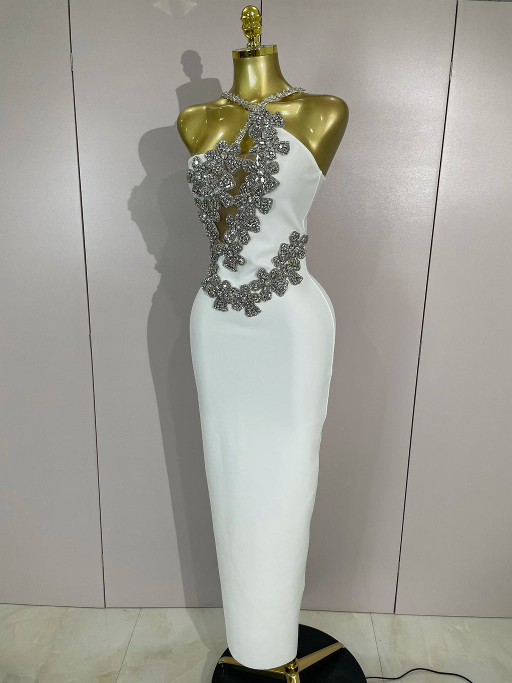 Sexy Backless Sparkly Crystal Diamonds White Bodycon Bandage Dress