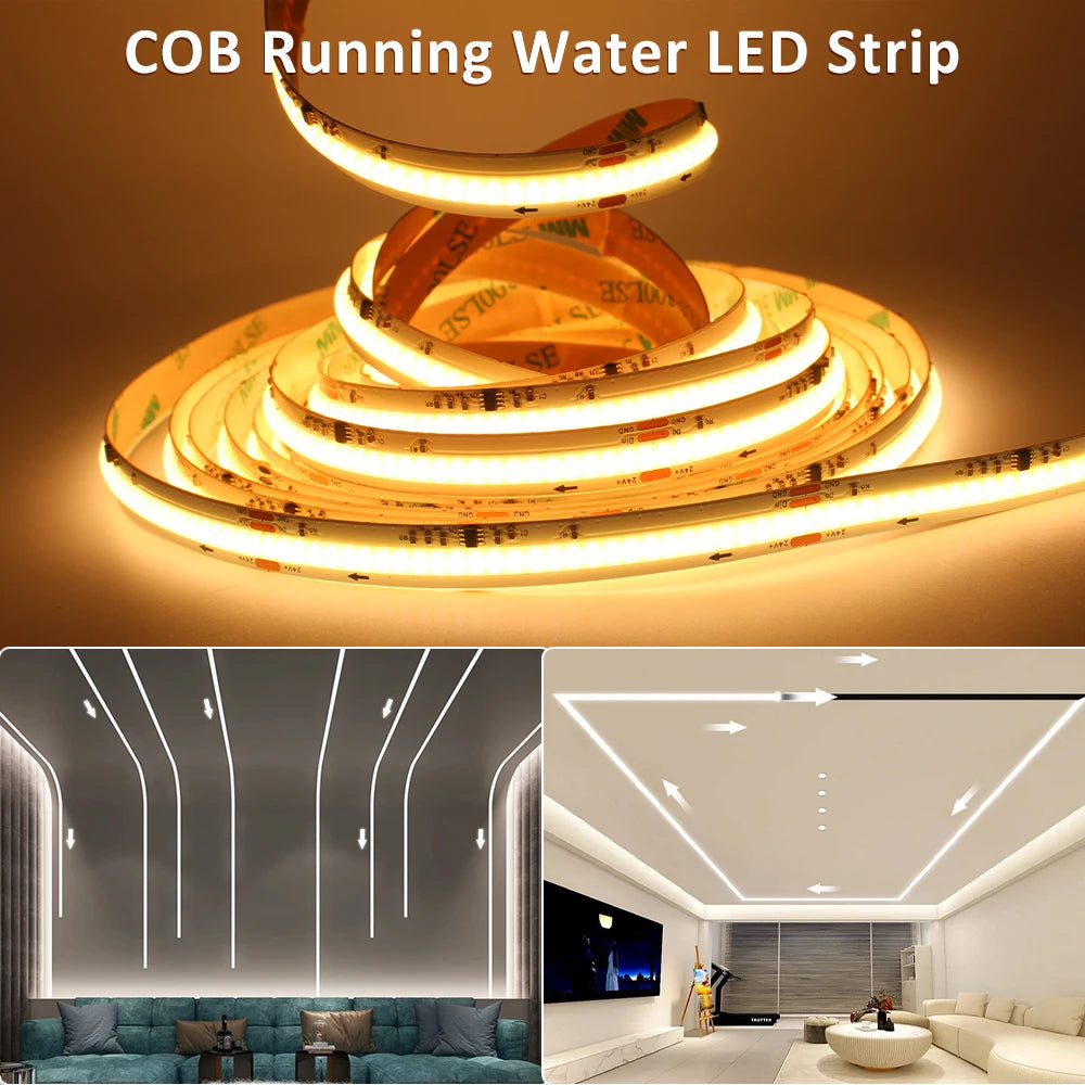 24V 5M 10M 15M COB Running Water Flowing LED Strip Lights Warm Cold White 360leds/m WS2811 Pixel Flexible Ribbon Room Decor