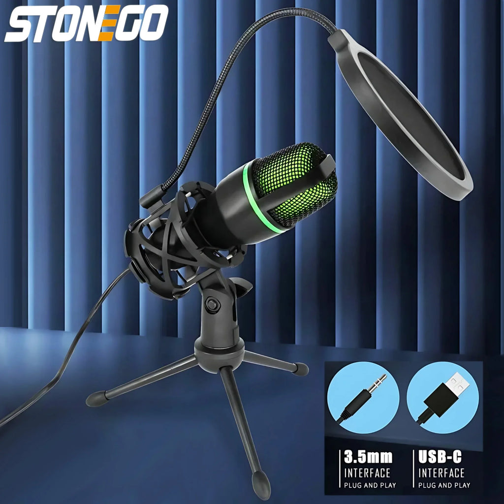 Professional Condenser Microphone Kit with Tripod Stand RGB Lighting