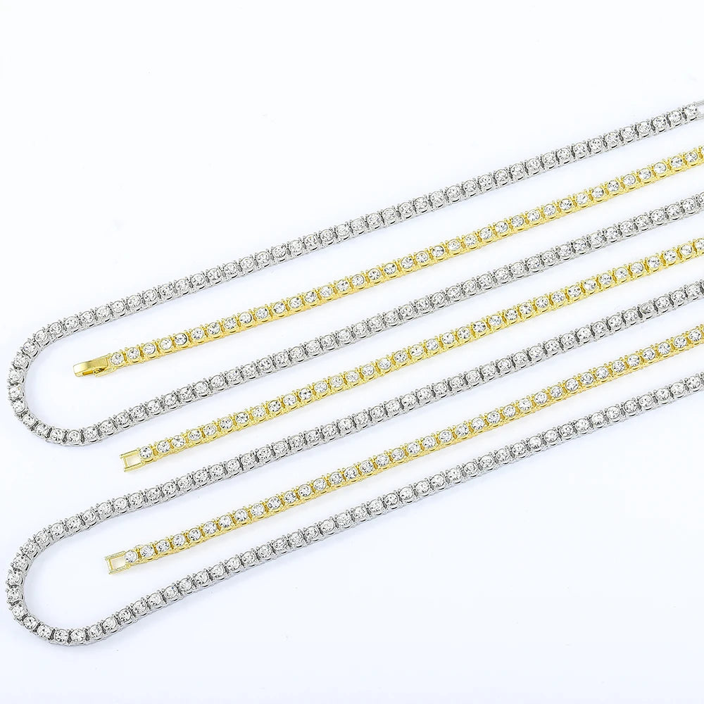 Full Rhinestone 4mm Wide Tennis Link Chain 8/18/20/24 Length Necklace Shiny  Fashion Trendy Jewelry Men Women Hip Hop Gift