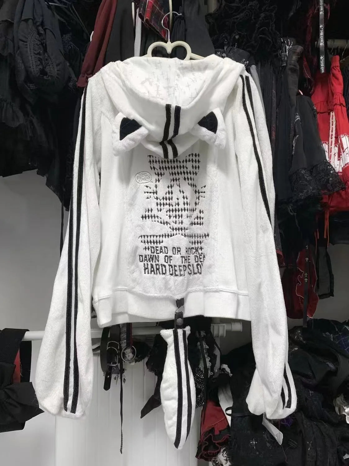 Y2k Spicy Girl Contrasting Striped Skeleton Raccoon Embroidered Hooded Sweatshirt Hip-hop Punk Style Autumn Pendant Loose Jacket