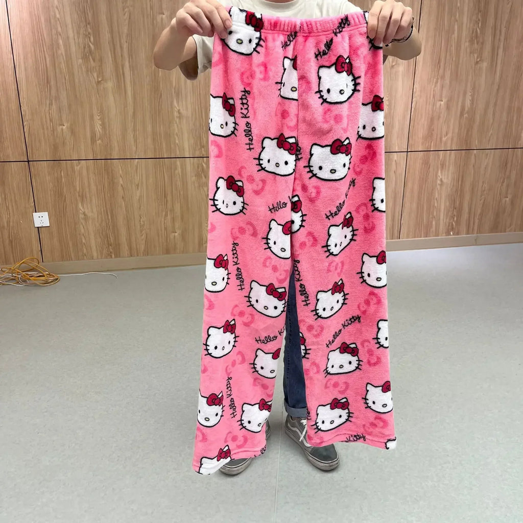 Hello Kitty Pajamas Halloween Flannel Fashion Trouserswomen Kawaii Woolen Anime Cartoon Casual Home Pants Autumn