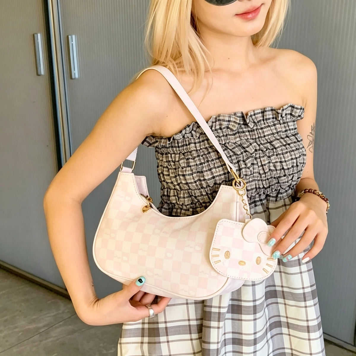 Women Y2K Cute Underarm Shoulder Bag Checkerboard Pattern PU