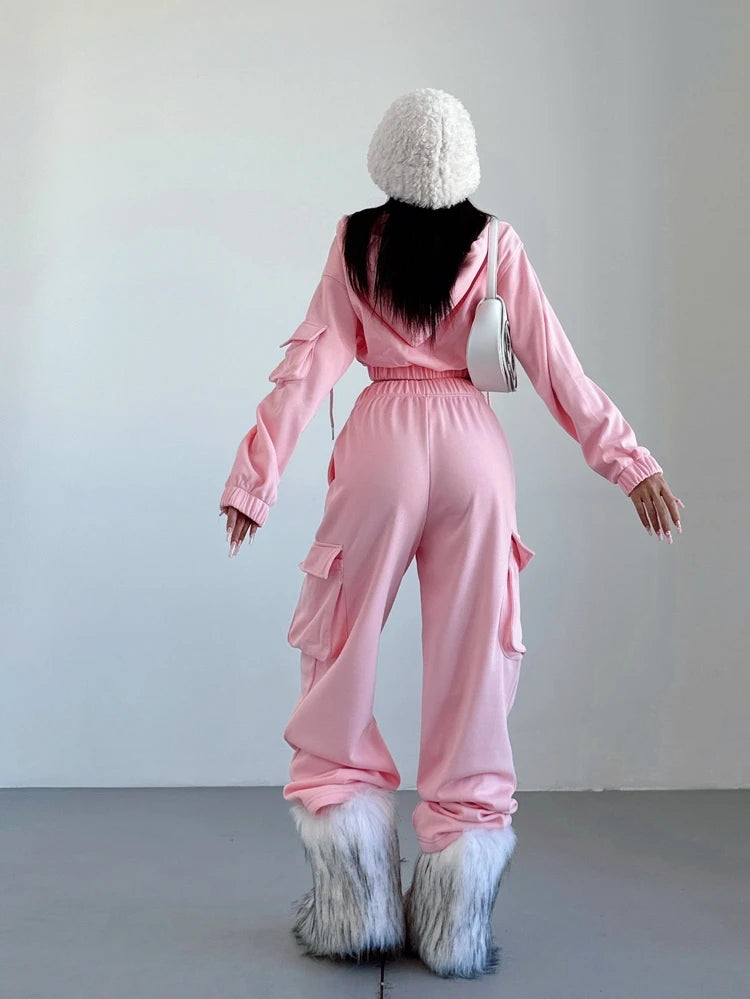 WOMENGAGA Short Zipper Sweatshirt Large Pocket Wide Leg Pants Two Piece Casual Plush Set For Winter Women Fashion Sweet 2PTB