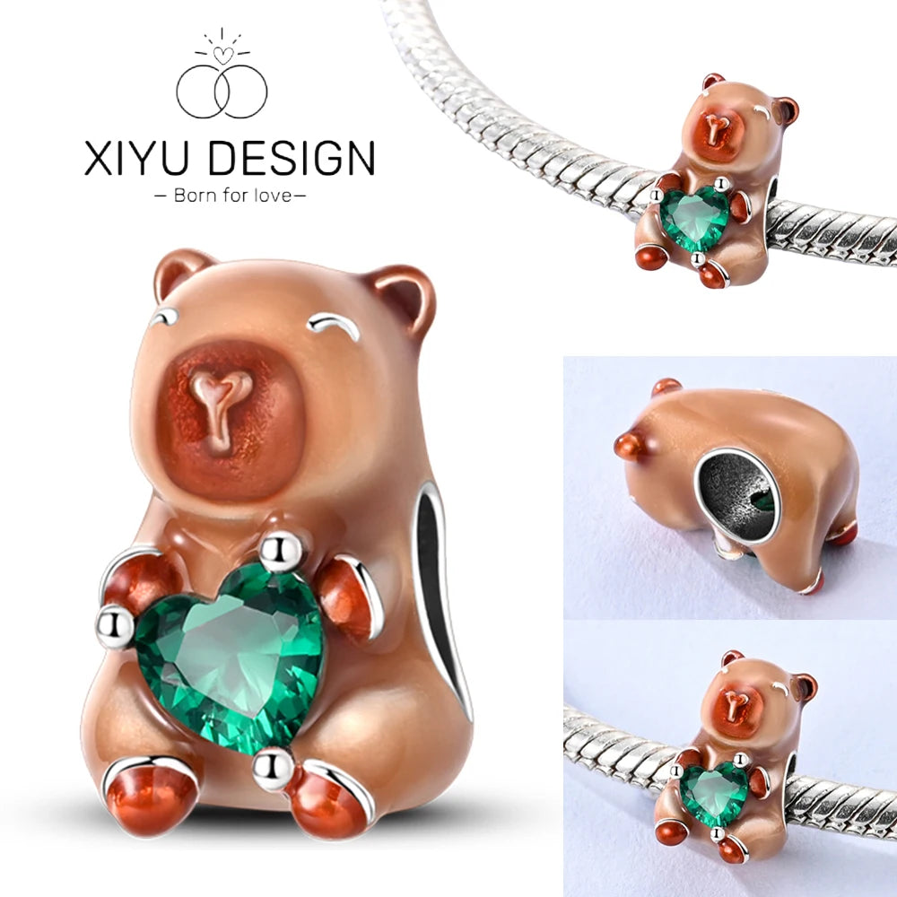 Cute Pet Series Capybara Couples Charms Eat Fruit Beads Fit DIY 925 Silver Bracelet Necklace Women Anniversary Jewelry Gift