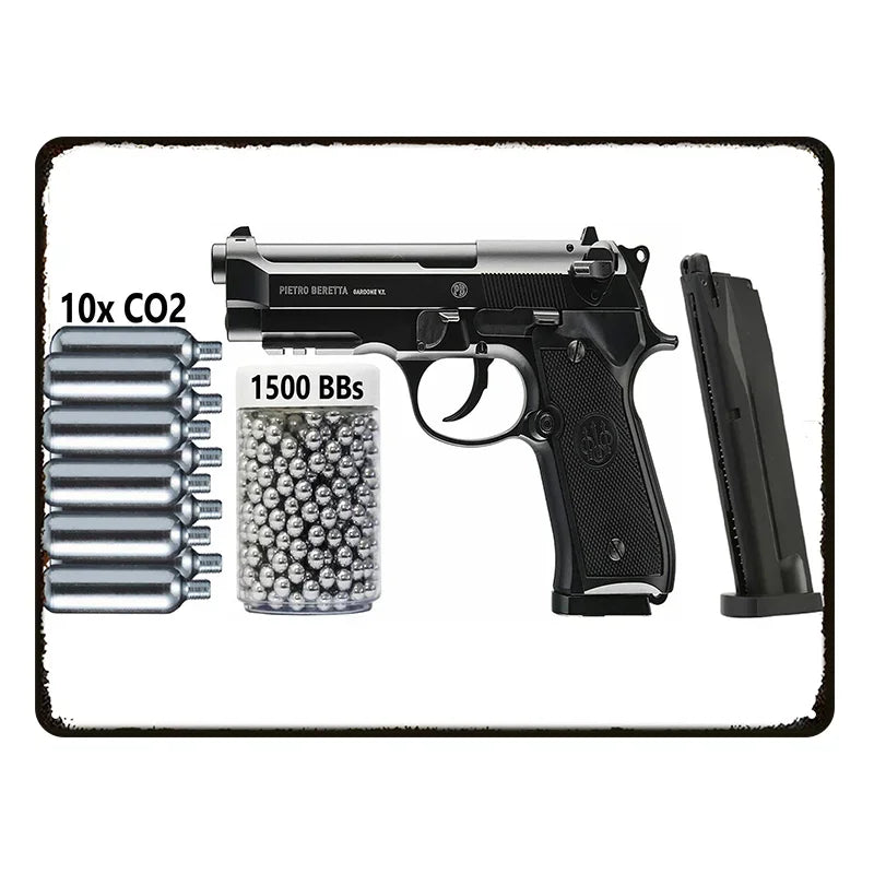 Pietro Beretta CO2 Air Pistol Metal Tin Sign, Retro Airgun BBs Ammo Wall Art Decor, Rustic Shooting Hobby Plaque for Man Cave Ga