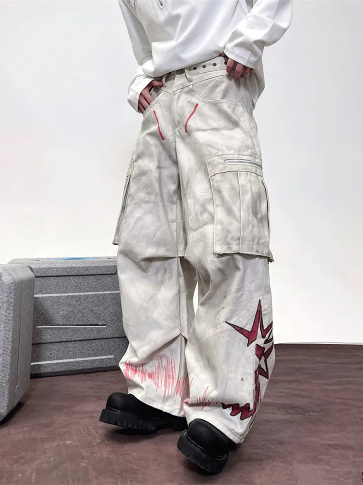 Cyber Y2K Streetwear Dirty Washed White Baggy Cargo Jeans Pants