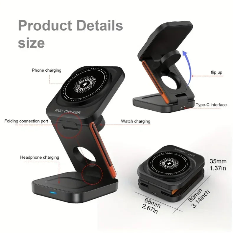 3 in 1 Foldable Magnetic Wireless Charger Stand 100W Fast Charging Station for iPhone 16 15 14 13 12 iWatch 10-2 Airpods Pro Max