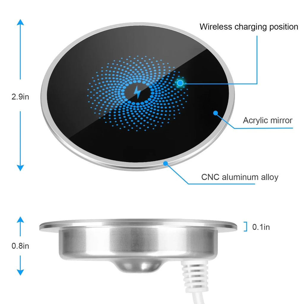 QI Wireless Charger Waterproof Aluminum Mirror Built-In for iPhone13-15 Pro Max Office Public Desktop Wireless Charger Built in