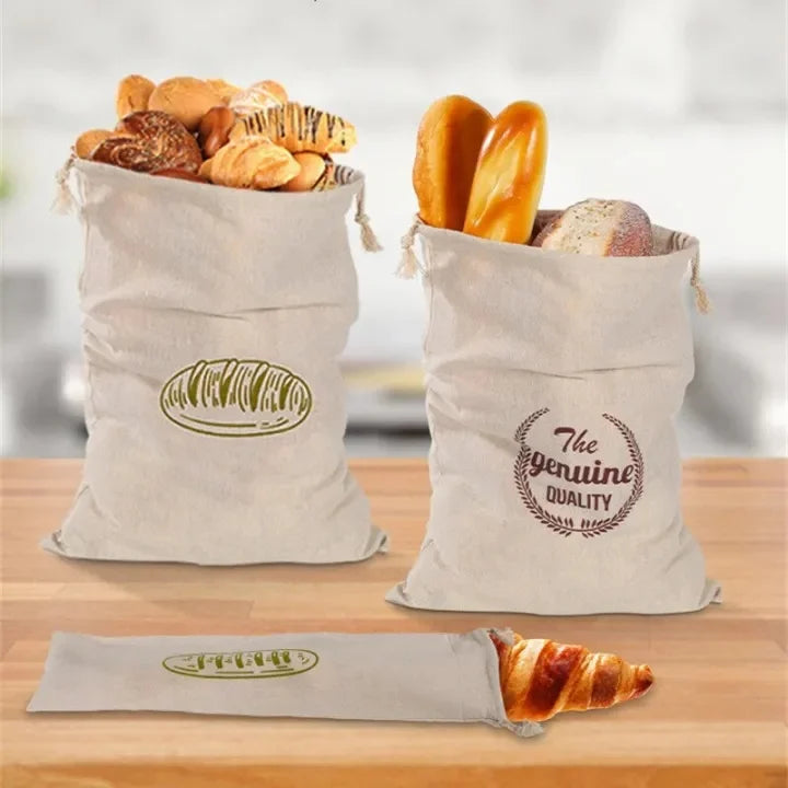Reusable Linen French Loaf Bread Bags Portable Drawstring Bag for Homemade Kitchen Artisan Bread Fresh Friendly Keeping Storage