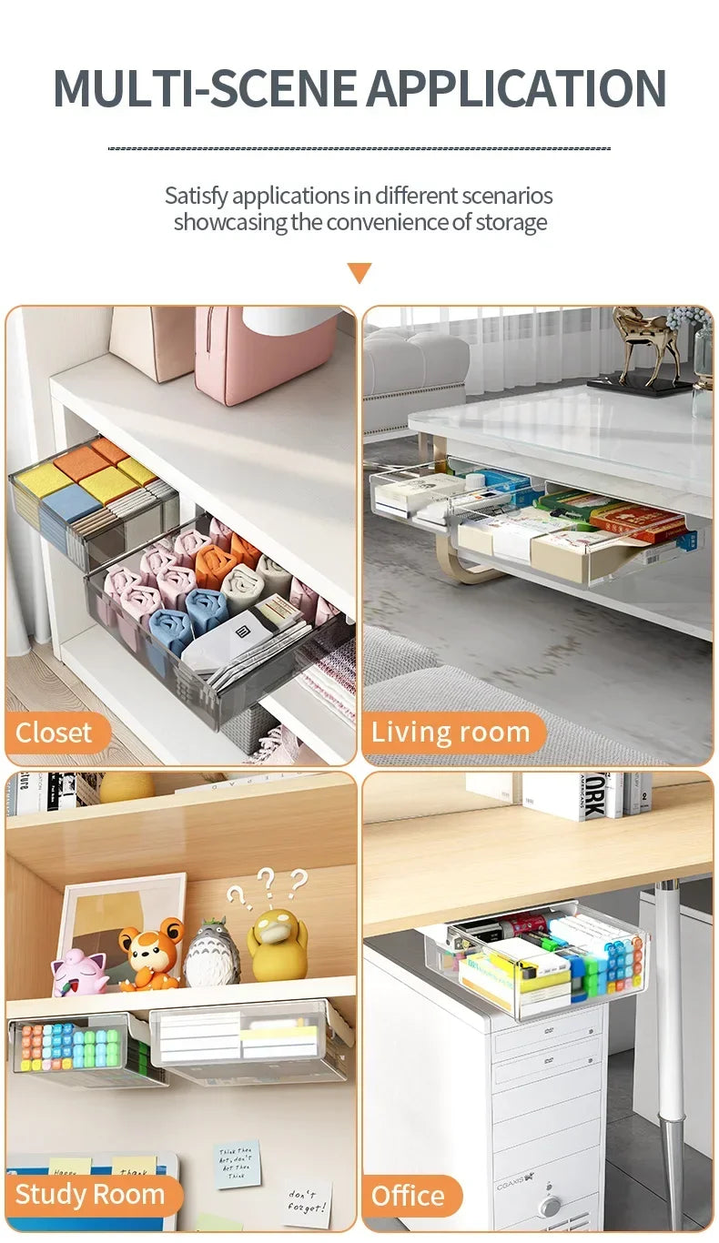Transparent Under Desk Drawer Self Stick Hidden Storage Tray Quiet Pull Out Desk Organizer Accessory