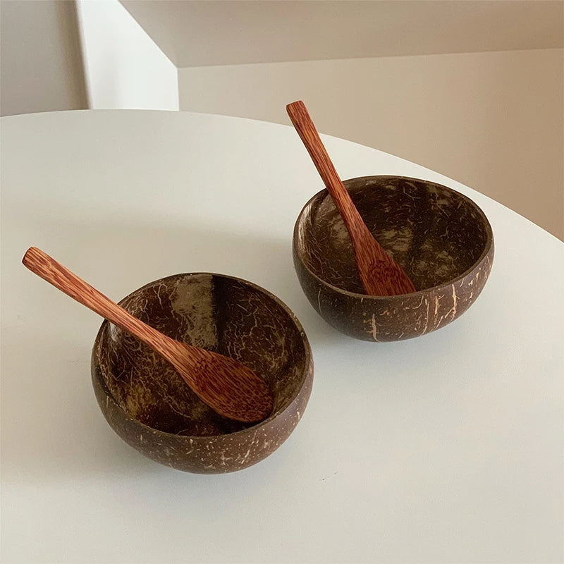 Kitchen Natural Coconut Bowl Set Wooden Salad Ramen Wood Spoon Coco Smoothie Tableware