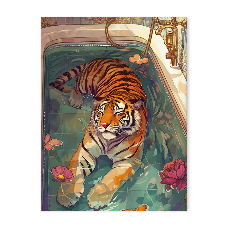 Colorful Bathtub Animal Tiger Zebra Black Cat Aesthetic Canvas Painting Nordic Bathroom Wall Art Poster Living Room Home Decor