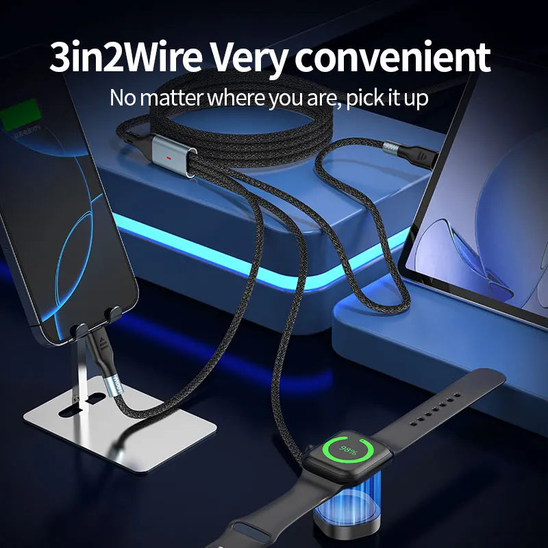 Portable 3 in 2 USB+Type C Magnetic Watch Wireless Charger Charging Date Cable For iPhone 16 Pro Max iWatch 8 Ultra 7 6 SE 5 4