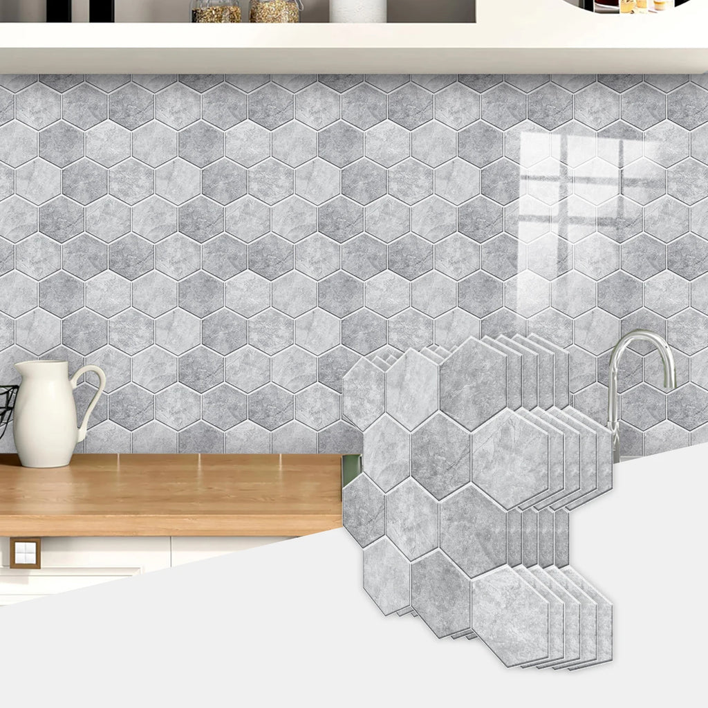 5 Styles Flat Hexagon Marble Embossing Tile Wall Stickers Oil-Proof Kitchen & Bathroom Washbasin Glossy Surface Decorative Mural