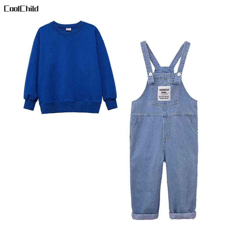 Boys Hip Hop Solid Sweatshirt Denim Loose Overalls Girls Crop Top Kids Dungaree Child Jumpsuit Street Dance Romper Streetwear