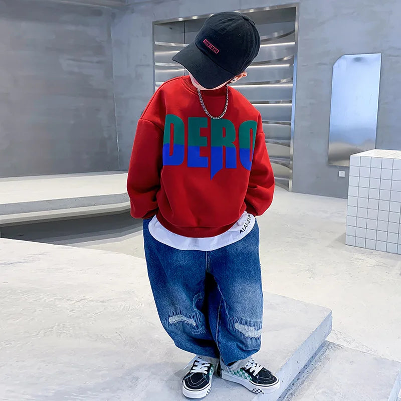 Winter Boys Warm Fleece Lined Half Turtleneck Alphabet Sweatshirt School Kids Track Pullover Coat Tops Child Work Jumper 3-16Yrs