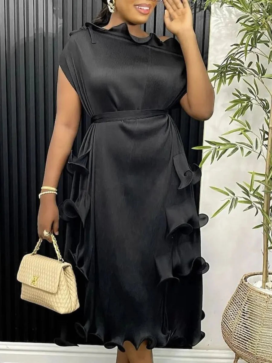 EGRM 2026 New Miyake Pleated Women Dress Solid Agaric Lace Bottom Skirt with Belt Loose Fashion Female Clothing Summer 8RM2715