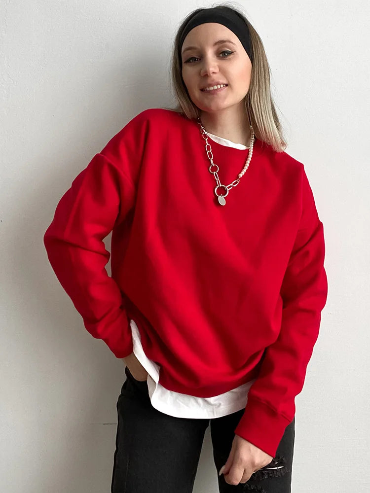 Autumn Oversized Sweatshirts Women Cotton Loose Pullovers Red O Neck Warm Sweatshirt For Women Oversize Winter Clothes Fleece