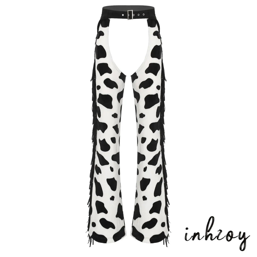 Womens Cow Spot Pattern Flannel Long Pants Adjustable Waist