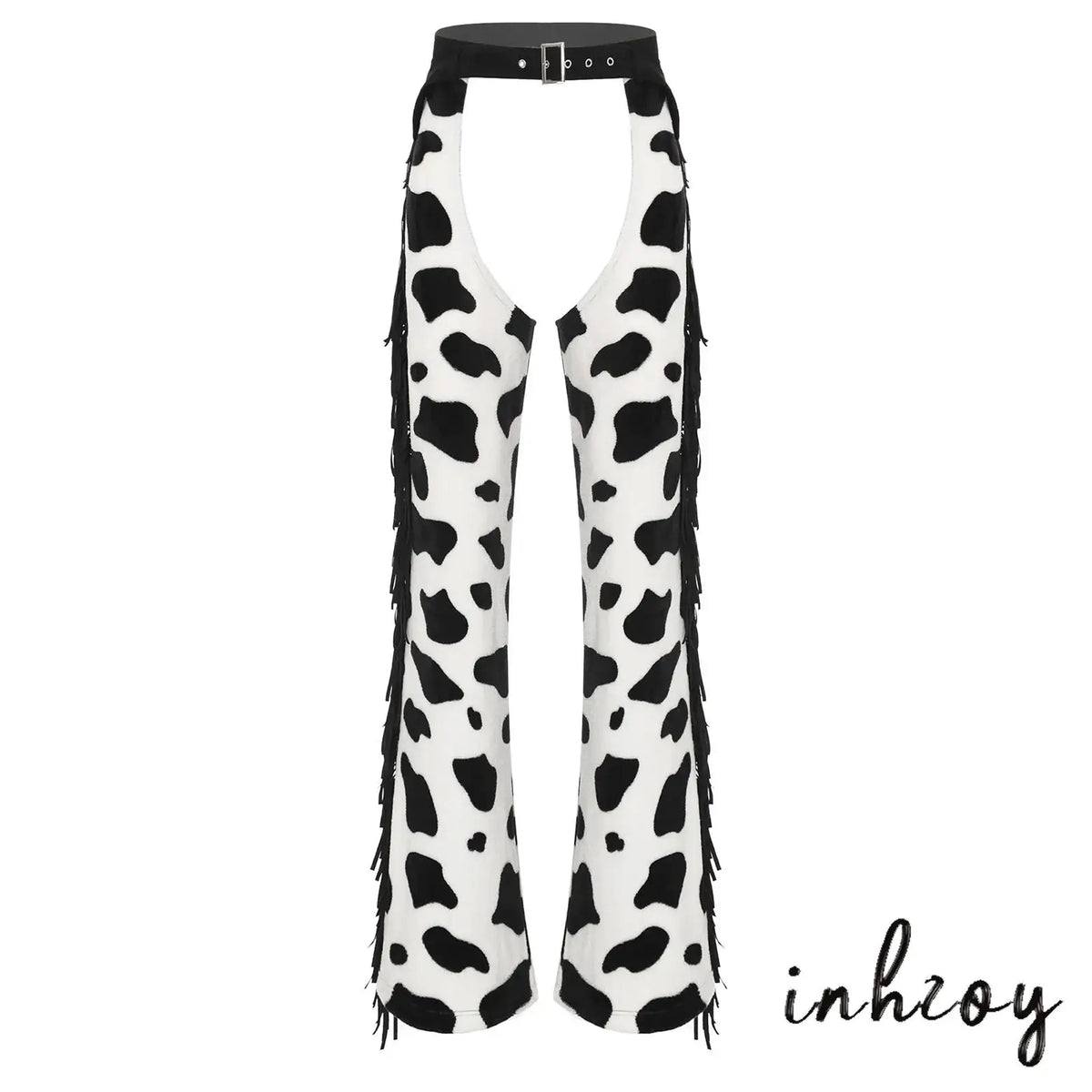 Womens Cow Spot Pattern Flannel Long Pants Adjustable Waist
