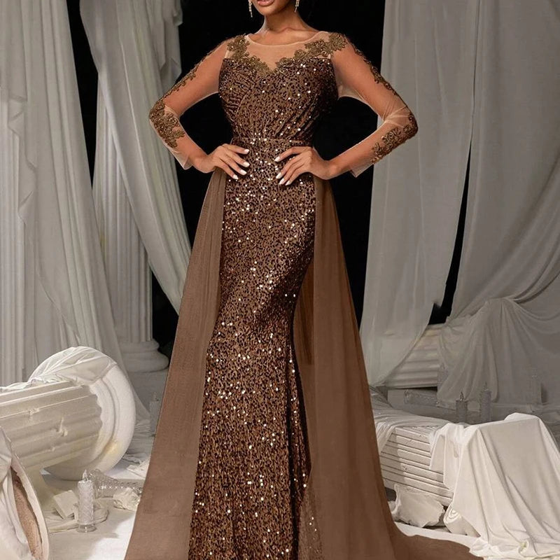 Fashion Solid Color High Waist Glitter Dress Luxury Long Sleeve Slim Dress Elegant V-neck Lace Sequin Mesh Spliced Evening Dress