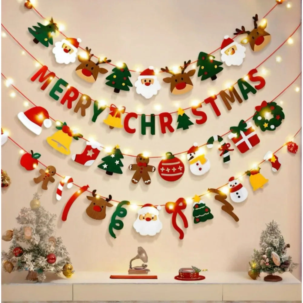 Merry Christmas Handmade DIY Pull Flag Christmas Party Wall Luminous Banner Home Christmas Decorations Room Background Decor