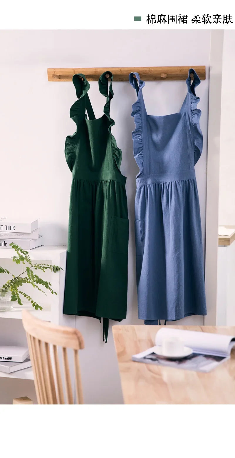 Japanese Korean Flouncing Kitchen Coffee Shop Working Falbala Apron kawaii Home Cotton Linen Pinafore with Lotus Leaf Lace