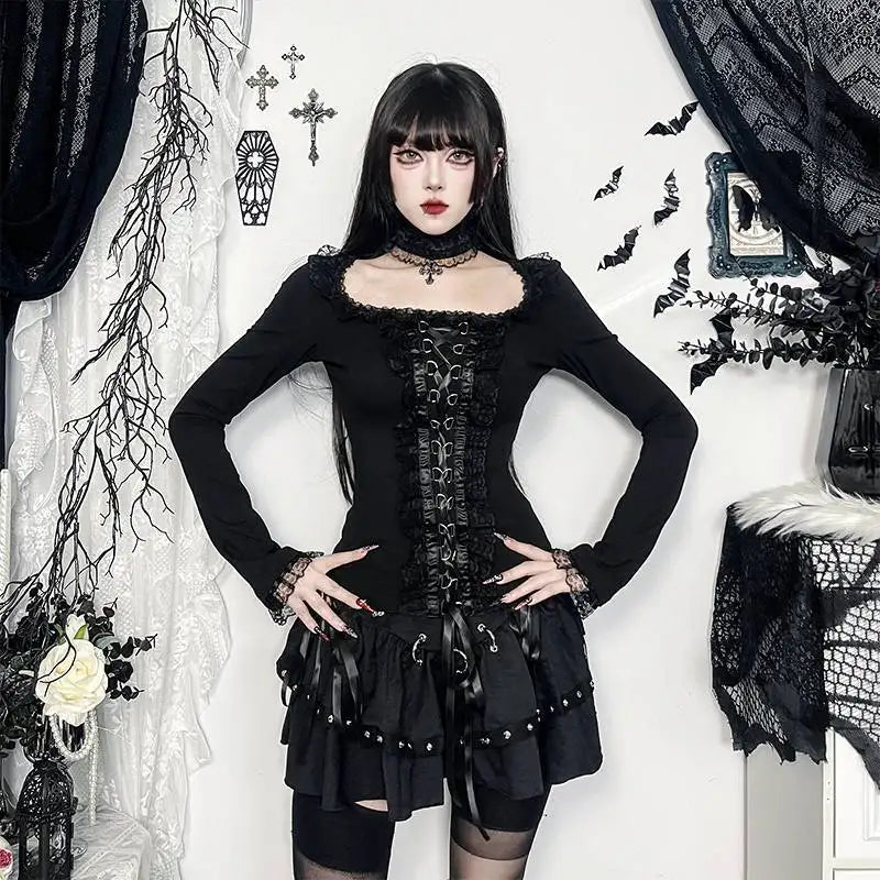 Harajuku Vintage T-Shirt Y2K Aesthetic Punk Lace Ruffle Long