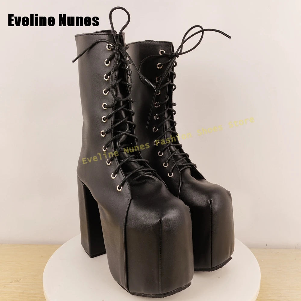 Platform Lace-Up Y2K Mid-Calf Boots Round Toe Block Heels Solid